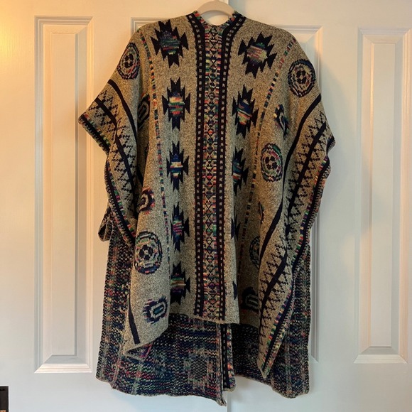 Mystery Jane Aztec Print Western Knit Open Front Cardigan Duster Sweater OS - Picture 10 of 11